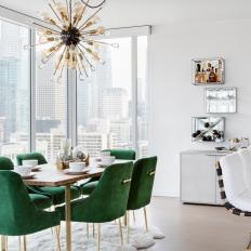 Condo Dining Room With Green Velvet Chairs