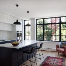 Black and White Modern Kitchen With Red Rug
