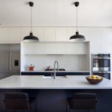 Black and White Modern Kitchen With Black Pendants