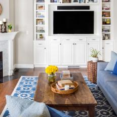 Blue and White Transitional Family Room With Yellow Throw