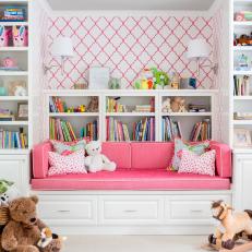 Pink and White Transitional Playroom With Bench