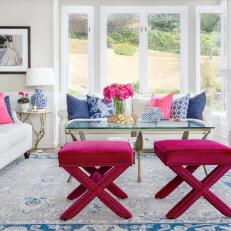 White Traditional Living Room With Pink Stools