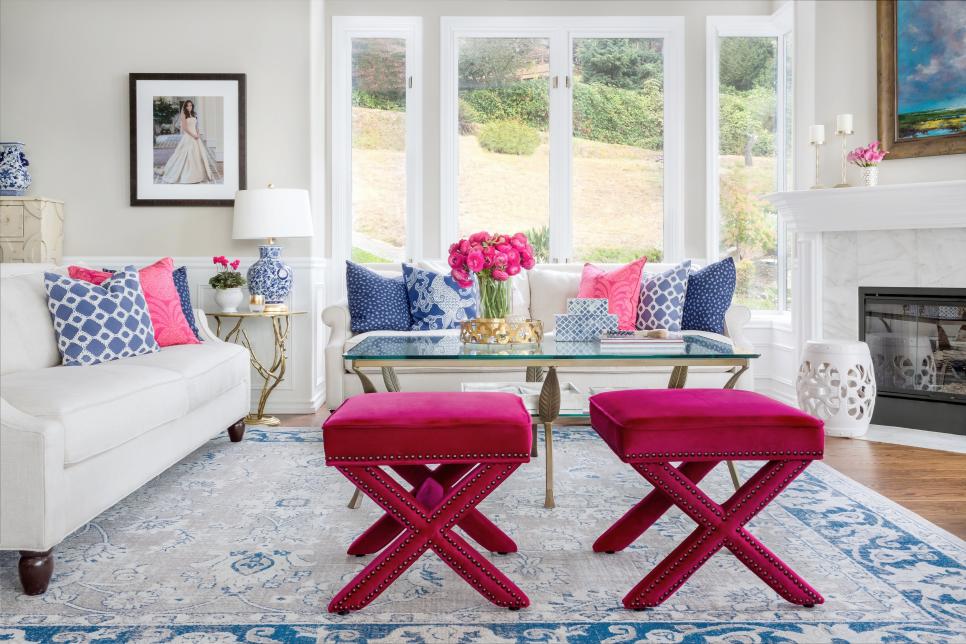 White Living Room With Pink Stools