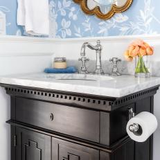 Blue and White Powder Room With Scalloped Mirror