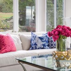 Transitional Living Room With Pink Flowers