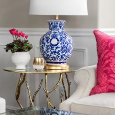 Blue and White Table Lamp and Pink Flowers