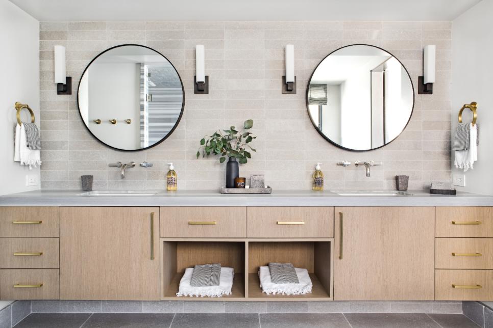 15 Timeless Bathroom Tile Designs, Black Storage Mirror Bathroom Tiles