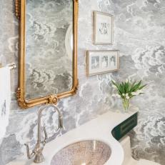 Gray Powder Room With Gold Mirror