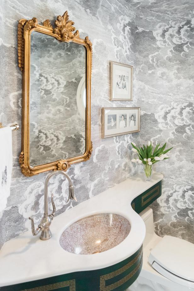 Gray Powder Room With Gold Mirror HGTV