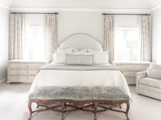 Neutral Transitional Master Bedroom With Gray Bench