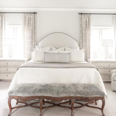 Neutral Transitional Master Bedroom With Gray Bench