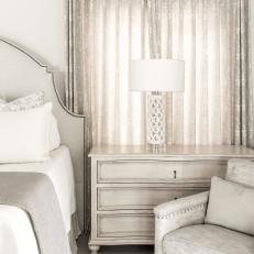 Gray Transitional Master Bedroom With Floral Curtain