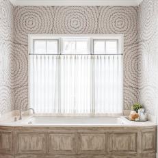 Neutral Master Bathroom With Graphic Wallpaper