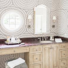 Neutral Master Bathroom With Circular Wallpaper