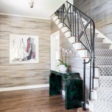 Neutral Art Deco Foyer With Green Table