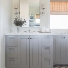 Gray and White Cottage Bathroom With Checked Floor