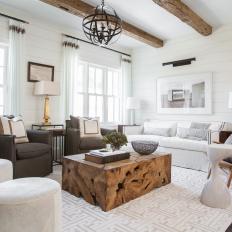 White Living Room With Reclaimed Wood Coffee Table