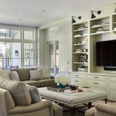 White Cottage Family Room With Entertainment Center
