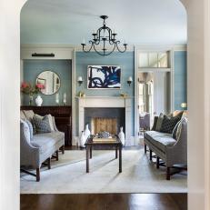 Blue Transitional Living Room With Blue Art