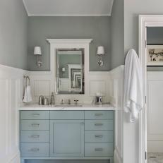 Gray Master Bathroom With Blue Vanity