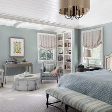 Blue Cottage Master Bedroom With Striped Bench