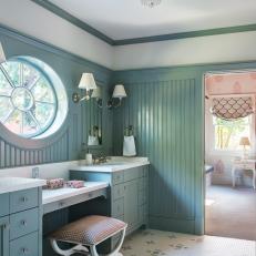 Blue Cottage Kid's Bathroom With Round Window
