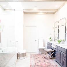 Contemporary Master Bathroom With Blue Vanity And Glass Shower Enclosure