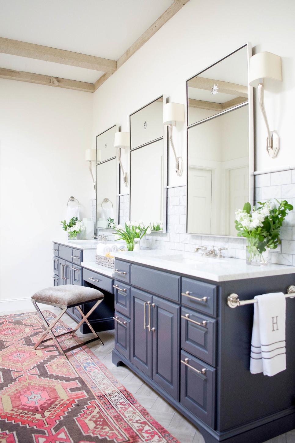 Dual Sink Master Bathroom Vanity In Blue With White Marble Countertops And Subway Tile Backsplash Hgtv