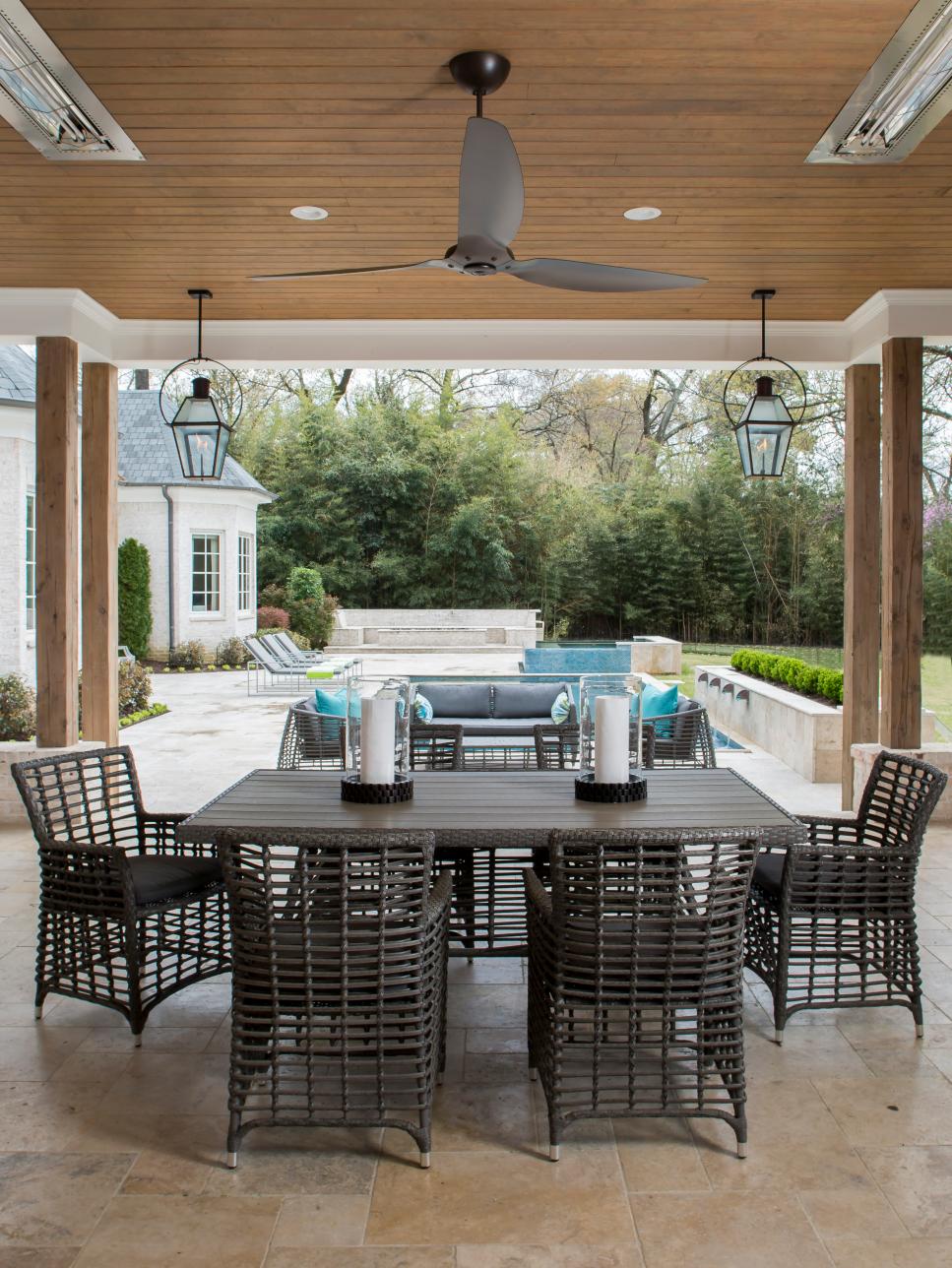 Outdoor Covered Patio With Modern Wicker Dining Set And Ceiling Fan | HGTV