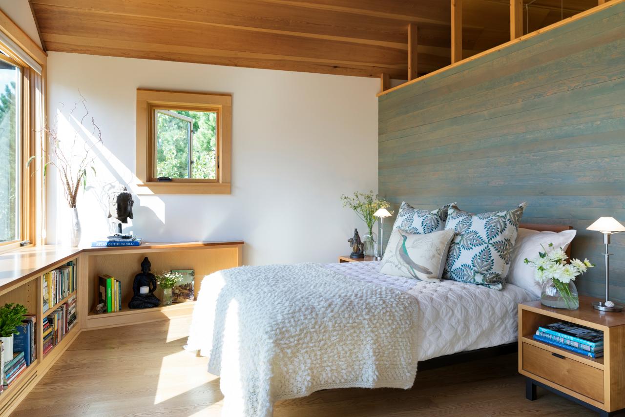 Contemporary Master Bedroom With Green Stained Wood Accent