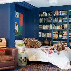 Modern Guest Bedroom And Library With Navy Blue Built In Shelves And Murphy Bed