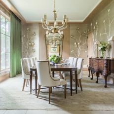 Elegant, Sage Green Dining Room With Chinoiserie Walls