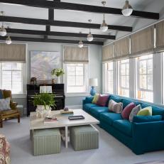 Transitional Family Room With Blue Sofa