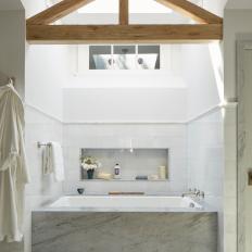 Gray Master Bathroom With Oak Beams