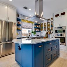 Modern Blue And White Kitchen With Work Island With Gas Range And Stainless Vent Hood