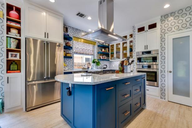 Modern Blue And White Kitchen With Work Island With Gas Range And