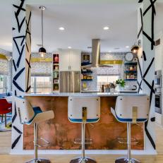 Modern Black And White Kitchen Detail With Copper Bar And Hand Painted Columns