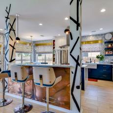 Eclectic Modern Kitchen With Copper Island And Blue Patterned Wall Tile