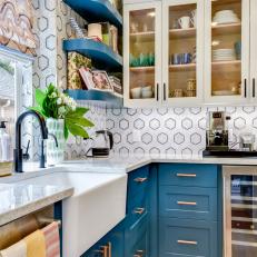 Modern Blue And White Kitchen With Open Shelving and Glass Front Cabinets With Modern Wall Tile