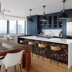 Open Concept Contemporary Kitchen With Blue Cabinets