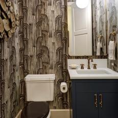 Stylized Half Bath With Textured Wall Paint Pattern, Navy Vanity and Two Tone Toilet 