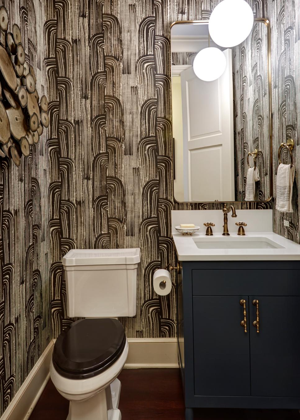 Stylized Half Bath With Textured Wall Paint Pattern, Navy Vanity and