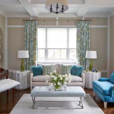 Traditional Neutral Living Room With Blue Chair