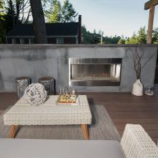 Contemporary Patio Deck With Wicker Seating Area And Modern Concrete Fireplace