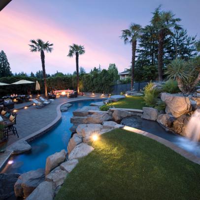Backyard at Night With Pool
