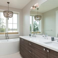 Neutral Bathroom With Chandelier