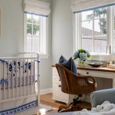 Blue and White Cottage Nursery With Desk