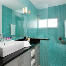 Blue Single Vanity Bathroom With Gray Vanity