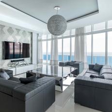 Gray Art Deco Media Room With Water View