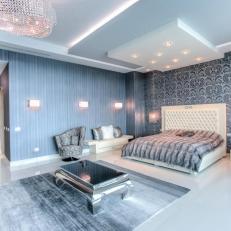Blue Gray Art Deco Bedroom With Tufted Headboard